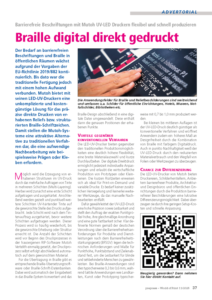 Braille- und Taktildruck mit Mutoh UV-LED | Mutoh Europe